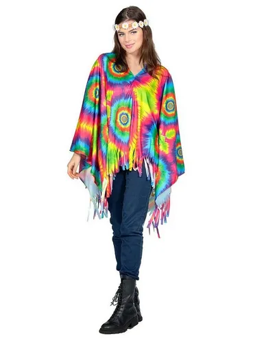 Metamorph Hippie-Kostüm Regenbogen Batik Poncho - Bunter Hippie Poncho mit fröhlichen Fransen, ideal für Karneval und Fasching. Aus 100% Polyester, sorgt für gute Laune und ein auffälliges Outfit.