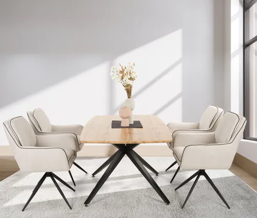 Essgruppe DUO COLLECTION "Emira und Esra" - Drehbare Stühle in Wildeiche-Optik - Essgruppen-Set mit 1 Tisch und 4 drehbaren Stühlen, massives Metallgestell, pflegeleichte Materialien und hohe Belastbarkeit von 110 kg pro Sitzplatz.