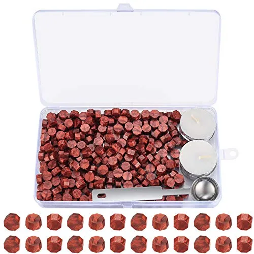 Stück Siegelwachs Set, Octagon Wachs Siegel Mit 4 Teekerzen, Wachs Schmelzlöffel, Für Stempel, Brief Perlen (Weinrot) (Rot Blinkend) 325