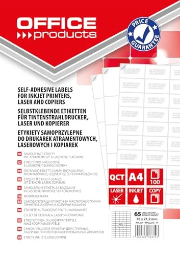OFFICE PRODUCTS Etiketten Selbstklebend / 38 x 21,2 mm / 100 Blatt A4 / Weiß/Günstige, Wirtschaftliche Selbstklebeetiketten/Adressaufkleber Bedruckbar Adressetiketten Klebeetiketten