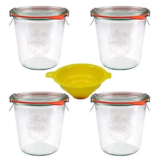 Weckgläser/Rundrandgläser in Sturzform 500 ml (auch gut geeignet für Kuchen im Glas) inkl. Klammern+Ringe und einem gelben Einfülltrichter mit Arretierung 4