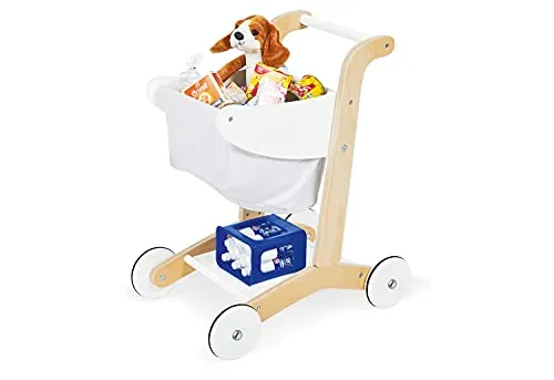 Pinolino Einkaufswagen Erna - Holzspielzeug für kreative Rollenspiele - Kaufläden & Zubehör, ideal für Kinder ab 3 Jahren zur Förderung der Motorik und kreativen Rollenspiele; hochwertige Verarbeitung mit gummierten Rädern für einfaches Fahren.