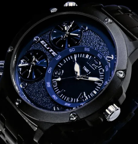 Elite XXL Monster Watch Herren Armband Uhr Blau Schwarz Tri Dual Triple Timer