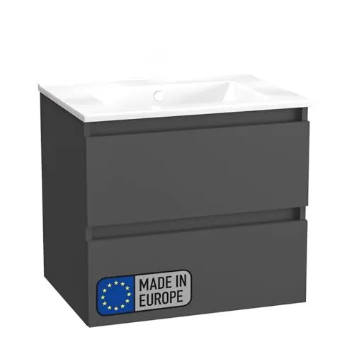 BadeDu Gers Waschbecken mit Unterschrank – 60 cm, Weiß & Matt Grau - Hochwertiges Badezimmermöbel mit robuster Keramik und mattem Unterschrank. Die zwei Soft-Close-Schubladen bieten praktische Aufbewahrung und elegantes skandinavisches Design für Ihr Bad.