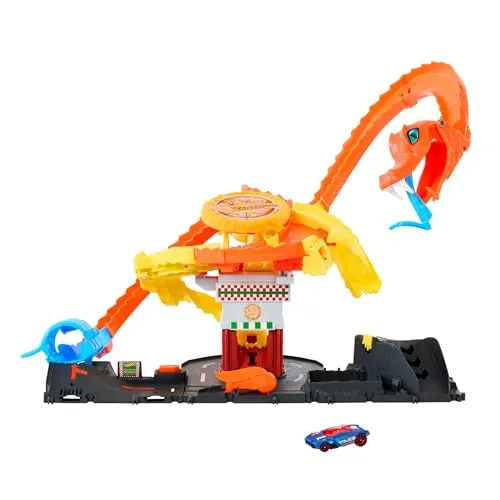 Hot Wheels City Pizza-Kobra-Angriff Trackset - Fahrzeuge & Rennwagen für Kinder – Spannendes Trackset mit Schlangenschwanz-Spiralbahn und Zufalls-Pathway für unendliches Abenteuer und Kreativität!