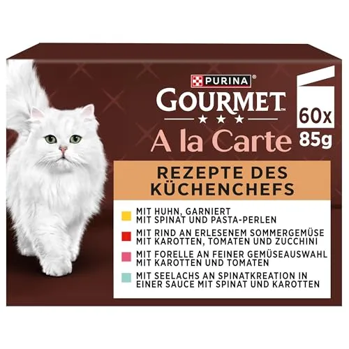 Gourmet A la Carte Katzenfutter nass, Sorten-Mix, 60er Pack - Beutelfutter für Katzen, hochwertige Rezepturen mit Huhn, Rind, Forelle und Seelachs. Ideal als Alleinfuttermittel und umweltfreundliches Verpackungsdesign.