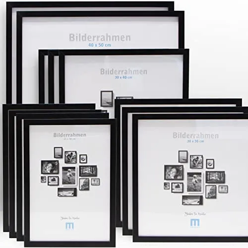 Schwarzes Bilderrahmen-Set für Fotowände - 12 Stück in verschiedenen Größen - Gestalte Deine Fotogalerie individuell mit diesem hochwertigen Bilderrahmen-Set. Enthält 12 Rahmen in Größen von 21x30 cm bis 40x50 cm, ideal für kreative Wandgestaltungen.