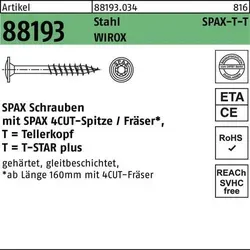 Tellerkopfschraube R 88193 Spitze/T-STAR 10x180/80-T50 Sta verz. WIROX 25St SPAX
