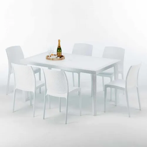 Grand Soleil Boheme Gartenmöbelset - Weißer Tisch und 6 bunte Stühle - Elegantes Gartenmöbelset bestehend aus einem weißen rechteckigen Tisch (150x90 cm) und 6 farbigen BOHÈME-Stühlen aus hochwertigem Polyrattan. Ideal für Bars, Restaurants oder den eigenen Garten. Stabil und langlebig für den professionellen Einsatz.