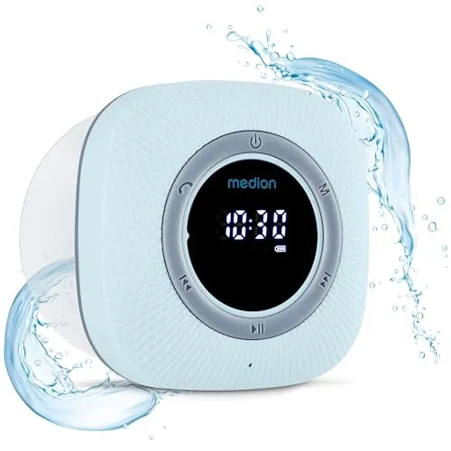 MEDION P66096 Duschradio Badradio mit Bluetooth - Radios mit 30W Leistung, spritzwassergeschützt (IPX6) und digitaler Anzeige, ideal für entspannte Duschen oder Bäder.