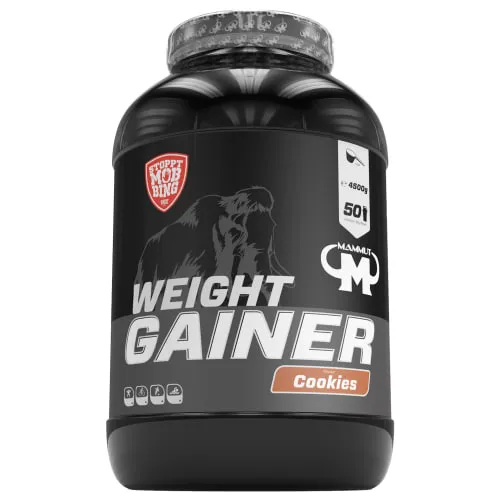 Mammut Nutrition Crash Weight Gainer Pulver Cookies – 4,5 kg - Aminosäure Kreatin: 518 kcal pro Shake, ideal für Gewichtszunahme und unterstützt Ausdauer- und Leistungssportler mit 80% Kohlenhydraten und einem 4-Komponenten Proteinkomplex.