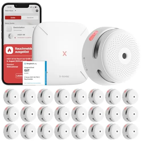 X-Sense Smart Rauchmelder XS01-M mit SBS50 Basisstation - Vernetzbarer Funkrauchmelder mit WLAN, sofortige Alarm-Benachrichtigungen auf Ihrem Handy und Unterstützung für bis zu 50 Geräte – für maximale Sicherheit in Ihrem Zuhause.