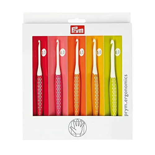 Prym 218440 Wollhäkelnadel Set prym.ergonomics - Häkelnadeln Set mit 5 verschiedenen Stärken (3,5 mm - 6 mm), ergonomischer Griff für ermüdungsfreies Häkeln und optimierter Haken für leichtes Gleiten der Maschen.