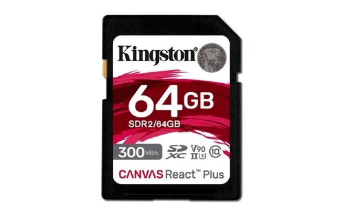 Kingston Canvas React Plus 64GB SDXC Speicherkarte - UHS-II 300R 260W U3 V90 für 4K und 8K Aufnahmen, ideal für Profi-Kameraeinsatz und Content Creators