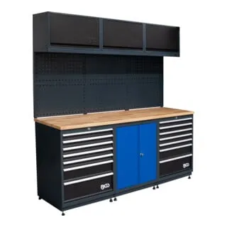 BGS Schrankwand-System Starter-Paket, Holz, 3 Module - Modulares Werkstattschrank-System für optimale Lagerung von Werkzeugen, inklusive einer robusten Massivholz-Arbeitsplatte und höhenverstellbaren Elementen für individuelle Anpassungen.