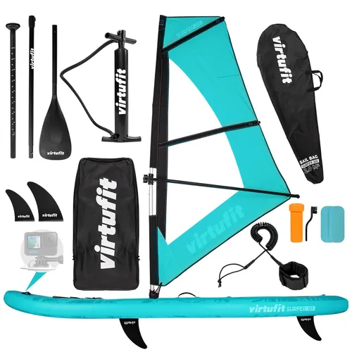 VirtuFit Supboard Surfer 305 - Türkis mit Windsurf-Zubehör - Aufblasbares SUP-Board für Stand-Up Paddling und Windsurfen, ideal für Anfänger und Fortgeschrittene. Inklusive Windsurfsegel und umfassendem Zubehör für ein vielseitiges Wassersport-Erlebnis.