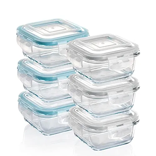 Grizzly Frischhaltedose Glas 6x320 ml - Luftdicht und vielseitig einsetzbar - Frischhaltedosen aus Glas, 6-teilig, quadratisch mit Click-Verschluss, ideal für Ofen, Mikrowelle & Gefrierfach geeignet.