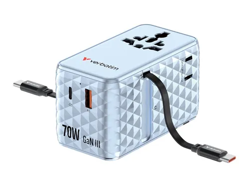 VERBATIM Charge 'n' Travel 70W 2C Universal Reiseadapter - Kompakter und praktischer Reiseadapter mit 70W Leistung, ideal für internationale Reisen. Flexibles Design für einfache Handhabung und sichere Stromversorgung unterwegs.