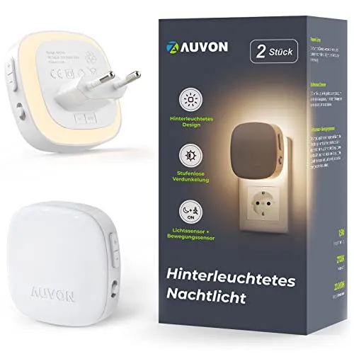 AUVON Nachtlicht mit Bewegungssensor – 2er Set Warmweißes LED - Praktisches 2er Set AUVON Nachtlichter mit Bewegungssensor und einstellbarer Helligkeit für fließendes Licht im Flur, Treppe und Schlafzimmer. Energieeffizient und sicher durch feuerfestes Gehäuse.