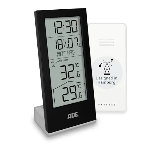 ADE Funk-Raumthermometer mit Außensensor - Präzise Temperaturüberwachung mit Uhrzeit und ausgeschriebenem Wochentag. Inkl. 4 AAA-Batterien, ideal für Garten oder Balkon.