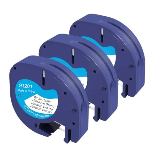 Molabel 3er-Pack kompatible Dymo LetraTag Etikettenbänder – 12 mm x 4 m, Schwarz auf Weiß, Kunststoff. Passend für LetraTag LT-100H, LT-100T, XR, XM, 200B. Entspricht Modell 91221.