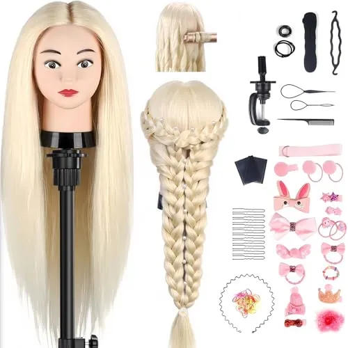 TwoWin Trainingsköpfe 80% Echtes Haar Blond Kosmetologie Puppe Kopf Friseur Training Modell Mannequin Kopf mit Halterung, DIY Haar Zubehör Styling, Geeignet zum Glätten, Locken, Dauerwelle