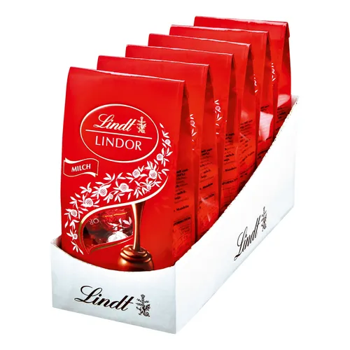Lindt Lindor Milch Beutel 100 g, 6er Pack - Lebensmittel Vorratspacks, genießen Sie die cremige Füllung der Lindor Pralinen jederzeit mit diesem praktischen 6er Pack!