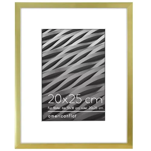Americanflat 20x25 cm Bilderrahmen mit 13x18 cm Passepartout - Schmaler Fotorahmen mit Bruchsicherer Scheibe - Inklusive Ständer und Integrierte Aufhängung für Hoch- und Querformat - Gold