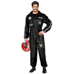 Stylischer Rennfahrer Overall Herren schwarz M - Hochwertiger Rennfahreranzug in schwarz mit Zielflaggenmuster und praktischen Taschen. Ideal für Karneval und Events, sorgt für Komfort und optimale Passform bei jeder Bewegung.