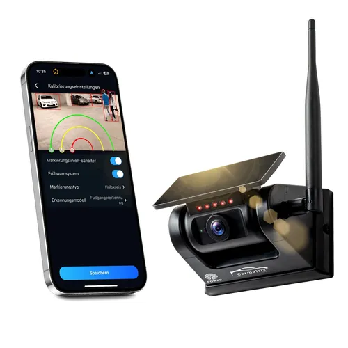 CARMATRIX D50E Rückfahrkamera - Solar WLAN Funkkamera für Wohnmobile - Kabellose HD Rückfahrkamera mit Personenerkennung, ideal zur Nachrüstung. Einfache Bedienung über Smartphone-App, perfekt für sicheres Einparken.
