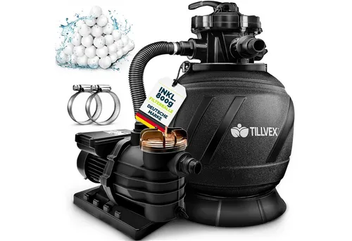 tillvex Sandfilteranlage AquaBlack Pro 10 m³/h mit 800g Filterbällen - Hochleistungs-Sandfilteranlage für Schwimmbecken, max. Fördermenge 10.200 l/h. Inklusive 800g Filterbälle, 7-Wege Ventil und selbstansaugender Funktion. Robustes Gehäuse und integrierte Druckanzeige für optimale Leistung.