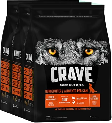 Crave Adult Trockenfutter mit Truthahn & Huhn – 3 Beutel, 3x2,8kg - Hundefutter ohne Getreide, mit hohem Proteingehalt für starke Muskeln. Ideal für Hunde mit sensibler Verdauung, 100% natürliche Zutaten.
