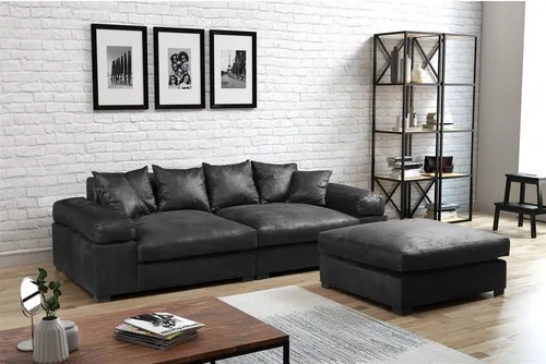 Big Sofa AREZZO - Riesensofa Vintage Schwarz inkl. Hocker - Sofas & Sessel, modernes Megasofa für mehr als 6 Personen, inklusive Hocker und hochwertigem Lederbezug für optimalen Komfort.