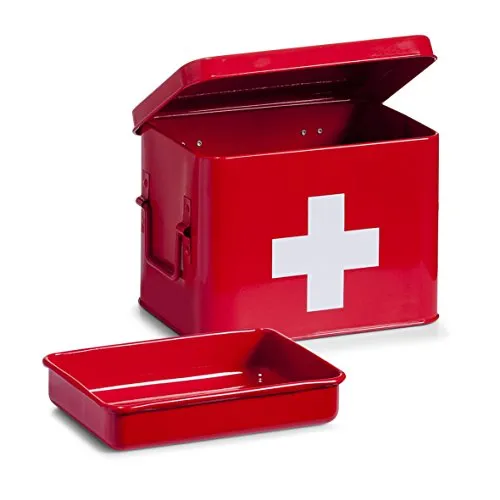 Zeller Medizin-Box aus Metall, rot - Medizinischer Bedarf: Praktische und stylische Medizinbox aus pulverbeschichtetem Metall mit 4 Fächern und entnehmbarem Metalleinsatz für schnellen Zugriff.