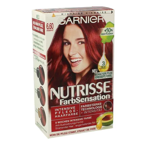 GARNIER Nutrisse Intensives Rot 6.60 - Dauerhafte Haarfarbe mit Reflex-Boost-Technologie für strahlende Farben und bis zu 8 Wochen Glanz. Enthält pflegende Fruchtöle für kräftiges Haar.