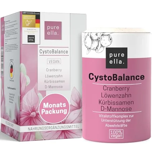 Pure Ella CystoBalance - Cranberry D Mannose Kapseln mit L-Methionin, Extrakten aus Kürbissamen & Löwenzahn - Plus Vitamine C und D fürs Immunsystem - Vegan, Hochdosiert, Hormonfrei - 60 Stück