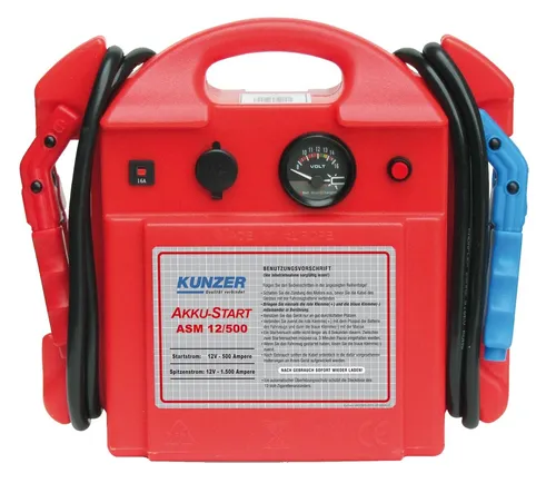 Kunzer AKKU-Start tragbar 12V 1000/500A ASM12/500 - Kfz-Starthilfe für den mobilen Einsatz, leistungsstark mit 1000A Spitzenstrom, ideal für schnelle Starts und zuverlässige Unterstützung unterwegs.