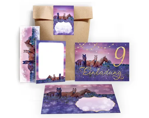 JUNAPACK Einladungskarten Pferd zum 9. Geburtstag Einladungen Karten mit Umschlägen Mitgebsel, Mitbringsel Set Fohlen Gastgeschenke zum neunten Geburtstag Pferde