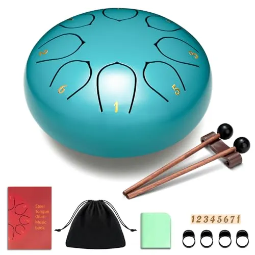 CAHAYA Steel Tongue Drum 6 Zoll 8 Töne: Zungentrommel Schlagzeug Anfänger, Handpan mit Notenbuch, Trommelstöcken, Steel Pan Töne Drum Schlaginstrument für Meditation Yoga, Seeblau CY00372-1