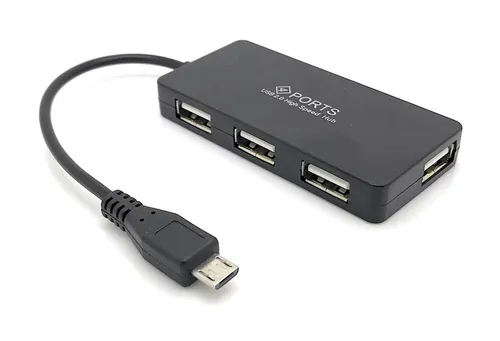 Micro USB 2.0 OTG Hub schwarz mit 4 Ports - Erweitern Sie Ihre Geräte mit diesem kompakten USB Hub für Micro USB-Anschlüsse. Ideal für Raspberry Pi Zero und Smartphones, bietet er 4 USB 2.0 Ports für vielseitige Nutzung.