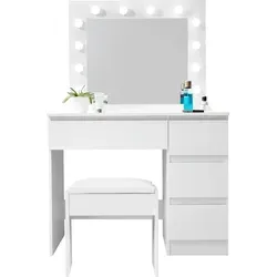 Aga Schminktisch mit Spiegel und 12 LED-Glühbirnen - Weiß matt - Moderner Schminktisch mit großem Spiegel und 12 LED-Glühbirnen für perfektes Licht. 4 geräumige Schubladen bieten viel Stauraum für Kosmetik und Zubehör. Der gepolsterte Hocker sorgt für hohen Sitzkomfort.