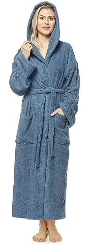 Damen-Bademantel mit Kapuze - Blaugrau, XL-XXL, knöchellang aus Baumwolle - Bademäntel für Damen, hochwertiger Frottee aus 100% Baumwolle für Langlebigkeit und Komfort, ideal als Sauna- oder Morgenmantel, auch in zwei Längen erhältlich.
