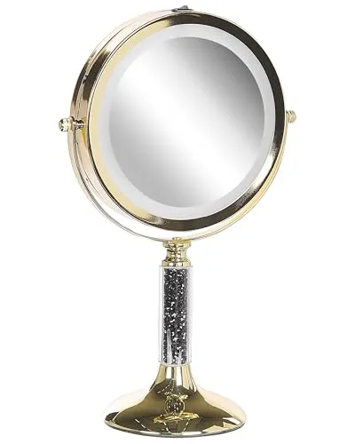 Beliani Kosmetikspiegel in Gold und Schwarz - Modernes Kosmetikspiegel mit 360° Drehmechanismus und integrierter LED-Beleuchtung für ein elegantes Badezimmer-Upgrade.