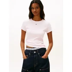 Tommy Jeans Kurzarmshirt TJW ESSENTIAL RIB SHORT SLEEVE EXT Baumwollmischung in gerippter Struktur, Slim Fit rosa 4XL (48)