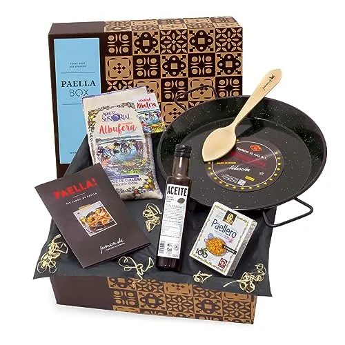 jamon.de PAELLA-BOX mit Paella-Pfanne, Reis, Olivenöl, Safran-Gewürz, Löffel & Rezeptkarte - geschenkfertig in Präsent-Box geliefert
