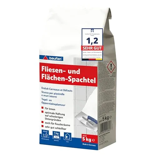 baufan Fliesen- und Flächenspachtel 5 kg - Hochwertige Spachtelmasse für perfekte Fliesenverlegung - Mörtel, Putz, Zement & Gips - Ideal für eine glatte Oberfläche und optimale Haftung von Fliesen.
