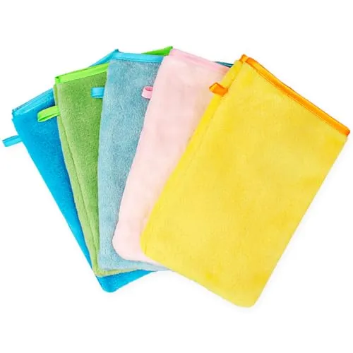 JJPJL 5 Stück Waschlappen Gesicht 15x20cm,Waschlappen Microfaser,Waschhandschuh Kinder,Waschhandschuh Körper,Waschhandschuhe Frottee,with a Lanyard,Flanell,Weich,Starke Wasseraufnahme,5 Farben(Typ 2)