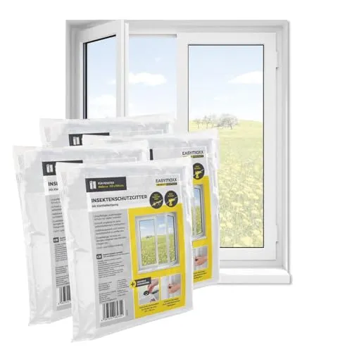 EASYmaxx Fliegengitter Fenster | Moskitonetz, Montage ohne Bohren | zuschneidbarer Insektenschutz Fenster bis 110 x 130 cm | Mückenschutz | Fliegennetz Klettband selbstklebend [4 Stück]