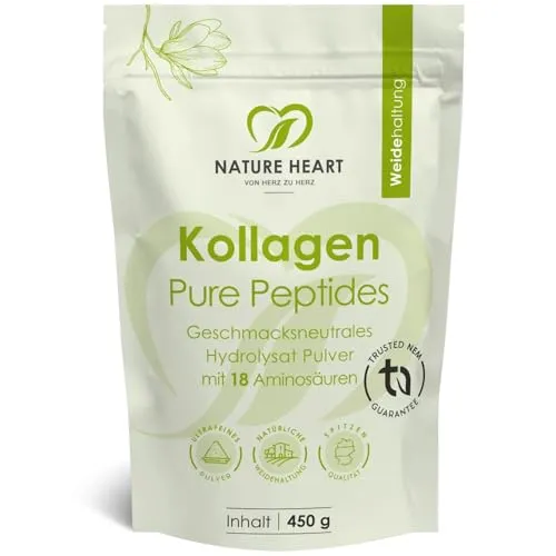 Nature Heart Kollagen Pure Peptides Pulver 450g – geschmacksneutrales Kollagen für vielseitige Anwendung - Hochwertiges Kollagenpulver aus Weidehaltung mit über 91 % Protein. Ideal für die tägliche Ernährung, leicht löslich und ohne Zusatzstoffe. Perfekt für Smoothies, Shakes und mehr.