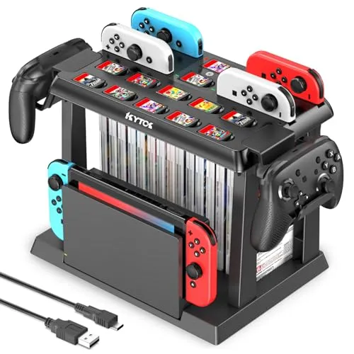 Kytok Switch Aufbewahrung mit Ladestation für Joycons - Ladegeräte für Nintendo Switch mit Platz für 28 Spiele und 2 Pro-Controller, sorgt für Ordnung und schnelles Aufladen in nur 2 Stunden.